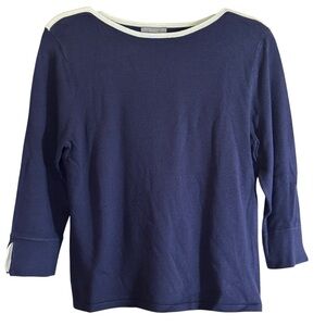 Investments Petites Navy Blue White Trim Crewneck 3/4 Sleeve PM NWT Sweater